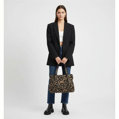 Leopard Print Woven Jacquard Gold Chain Shoulder Tote Bag