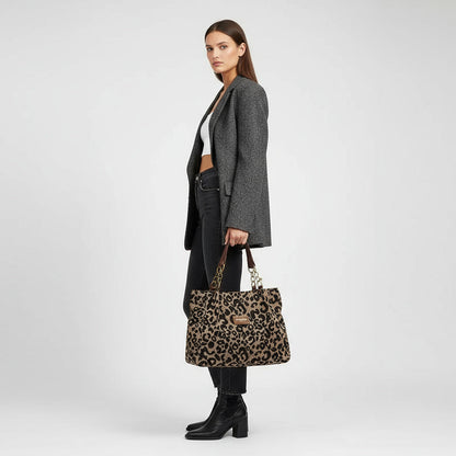 Leopard Print Woven Jacquard Gold Chain Shoulder Tote Bag